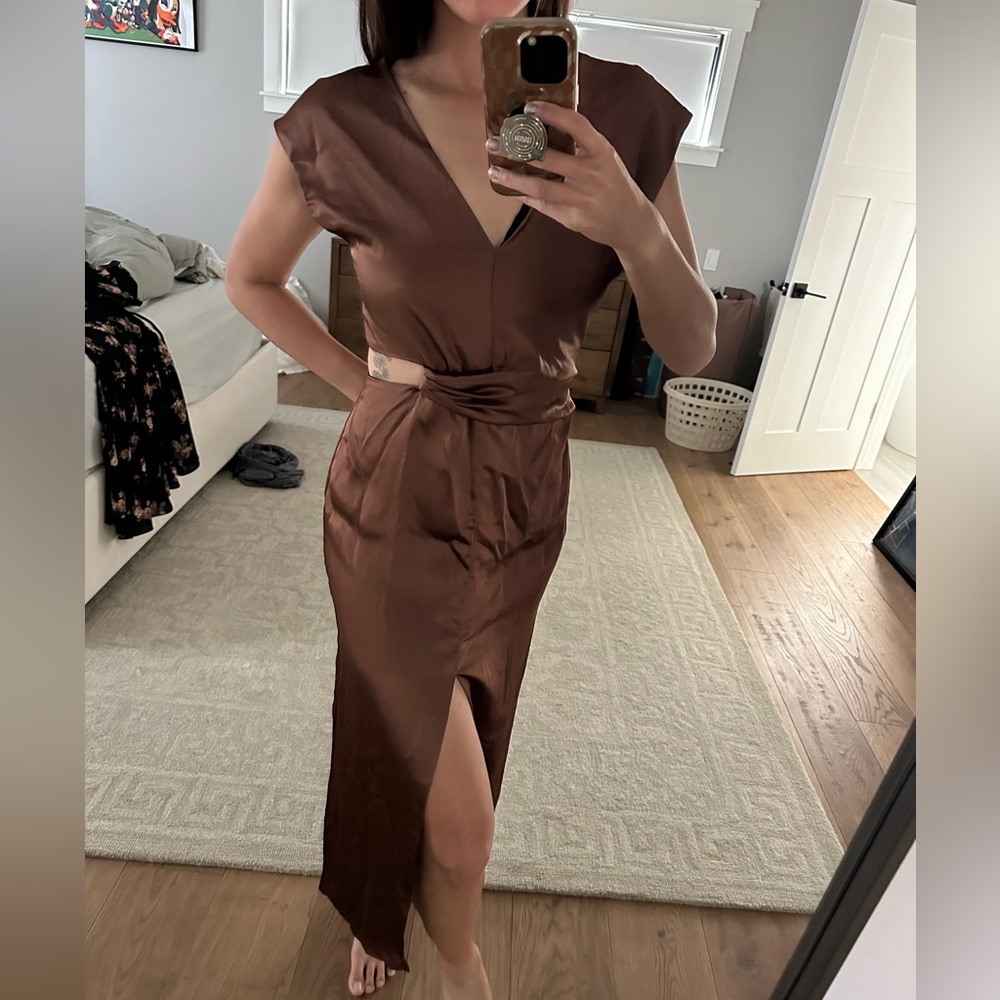 Zara brown satin cutout dress